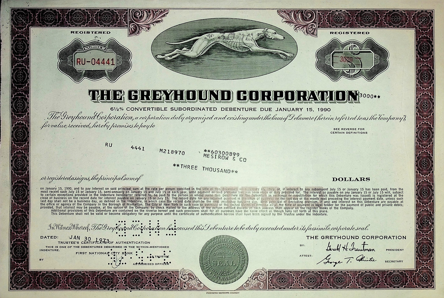 The Greyhound (Bus) Corporation Bond Certificate