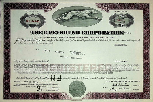 The Greyhound (Bus) Corporation Bond Certificate