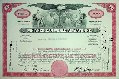 Pan American World Airways Inc, Red Stock Certificate