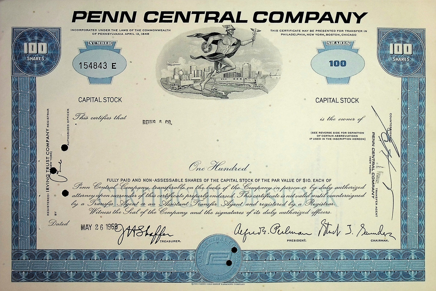 Penn Central Company Railroad Stock Certificate (4 color options)