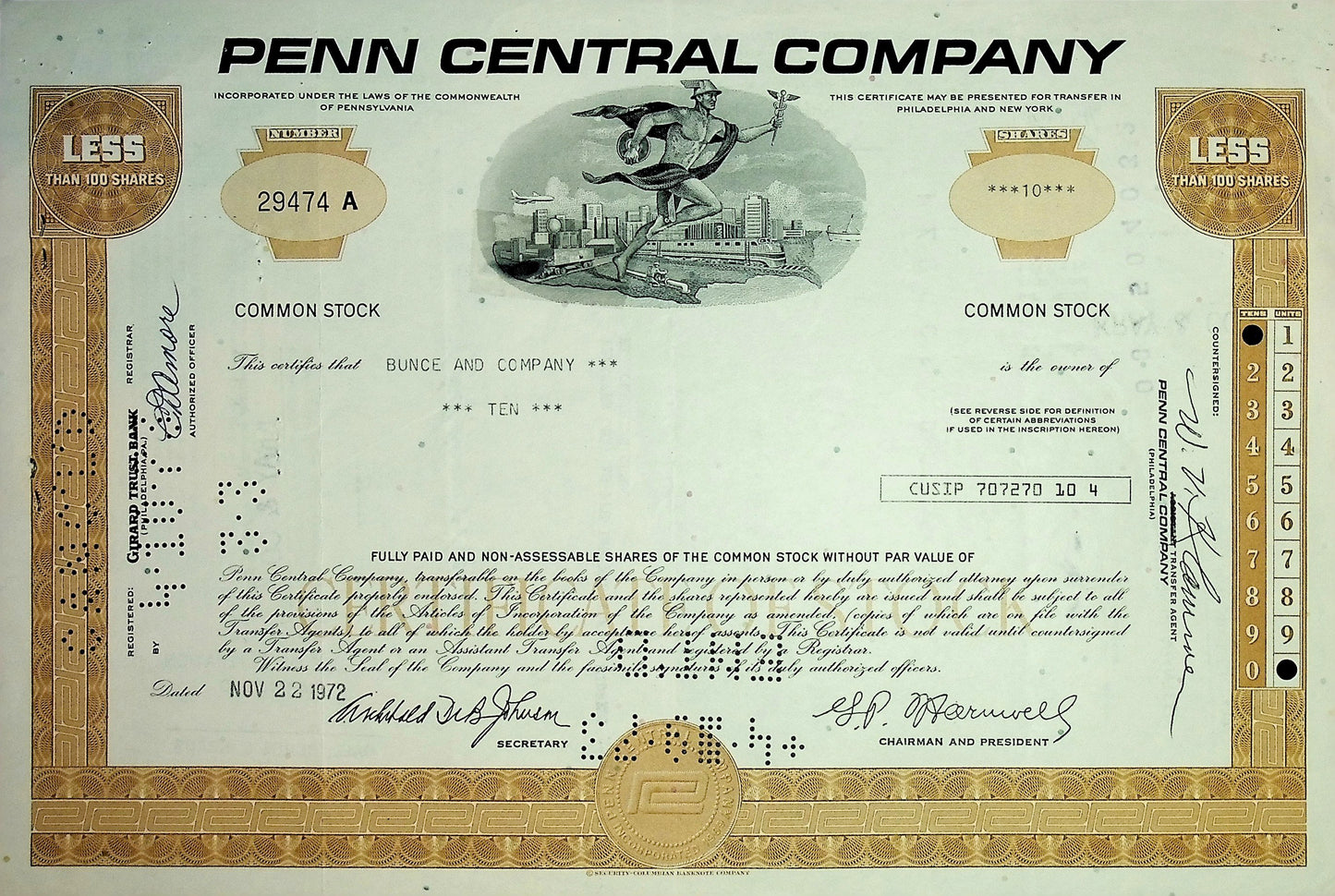 Penn Central Company Railroad Stock Certificate (4 color options)