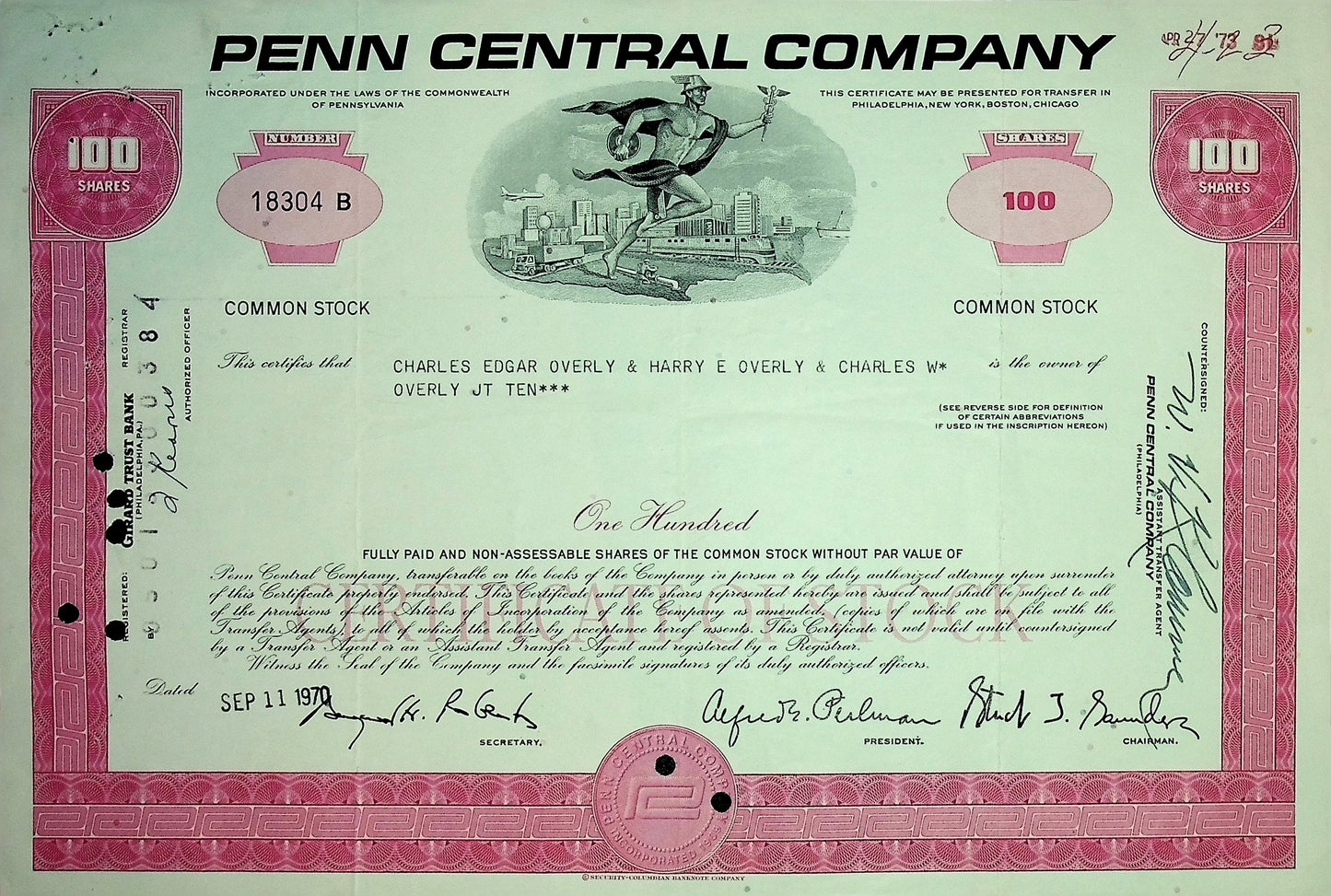 Penn Central Company Railroad Stock Certificate (4 color options)