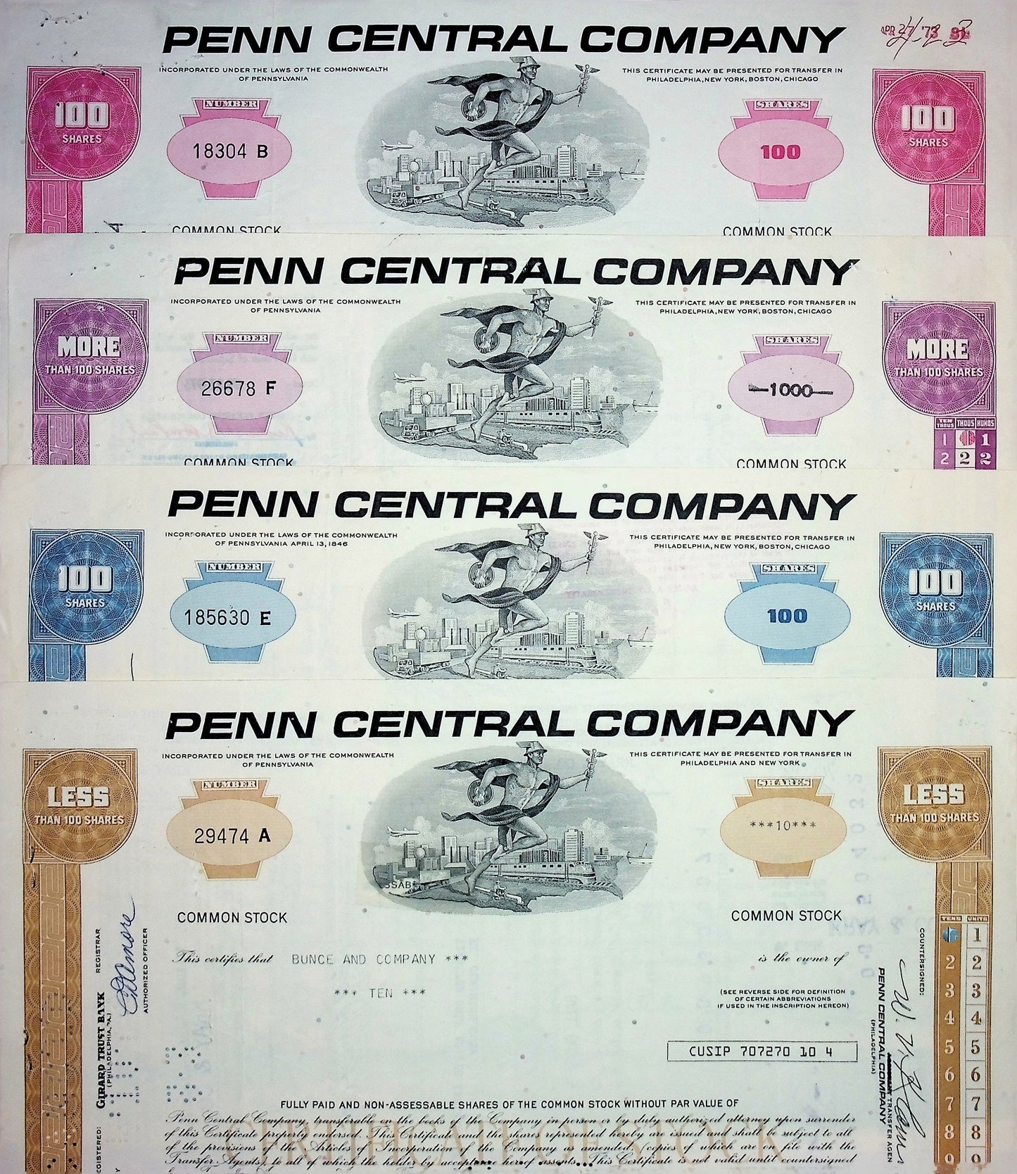 Penn Central Company Railroad Stock Certificate (4 color options)