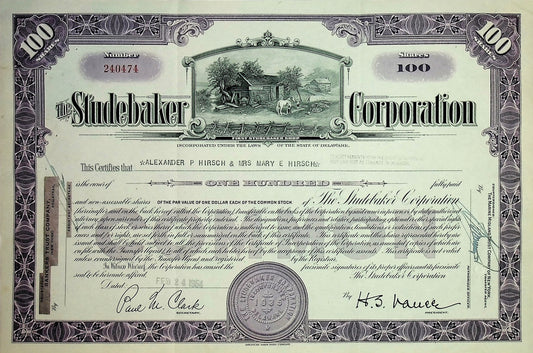 The Studebaker Corporation Stock Certificate