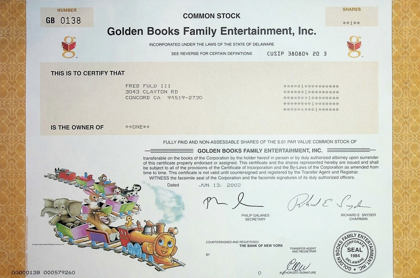 Golden Books Family Entertainment Stock Certificate (dot com)