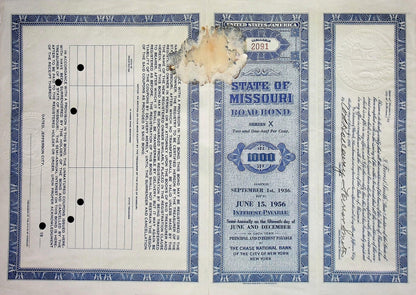 State of Missouri Road Bond Certificate