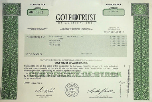 Golf Trust of America Inc, Stock Certificate (Golf course roll up)