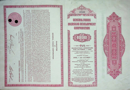 General Foods (now Kraft) Overseas Development Corporation Bond Certificate from 1967