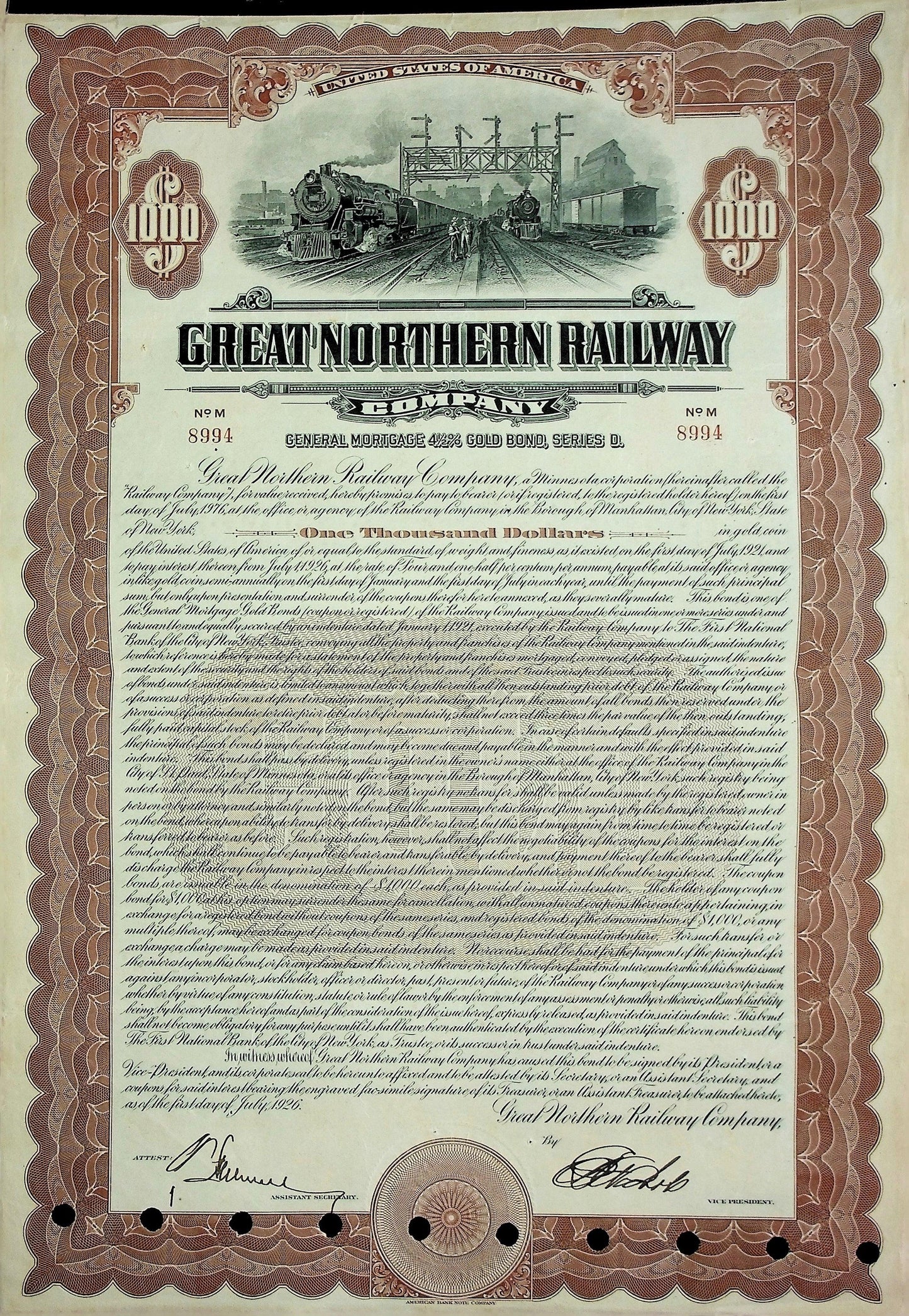 The Great Northern Railway Company Bond Certificate from 1946 (Saint Paul to Seattle)