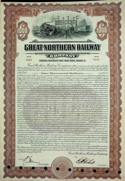 The Great Northern Railway Company Bond Certificate from 1946 (Saint Paul to Seattle)