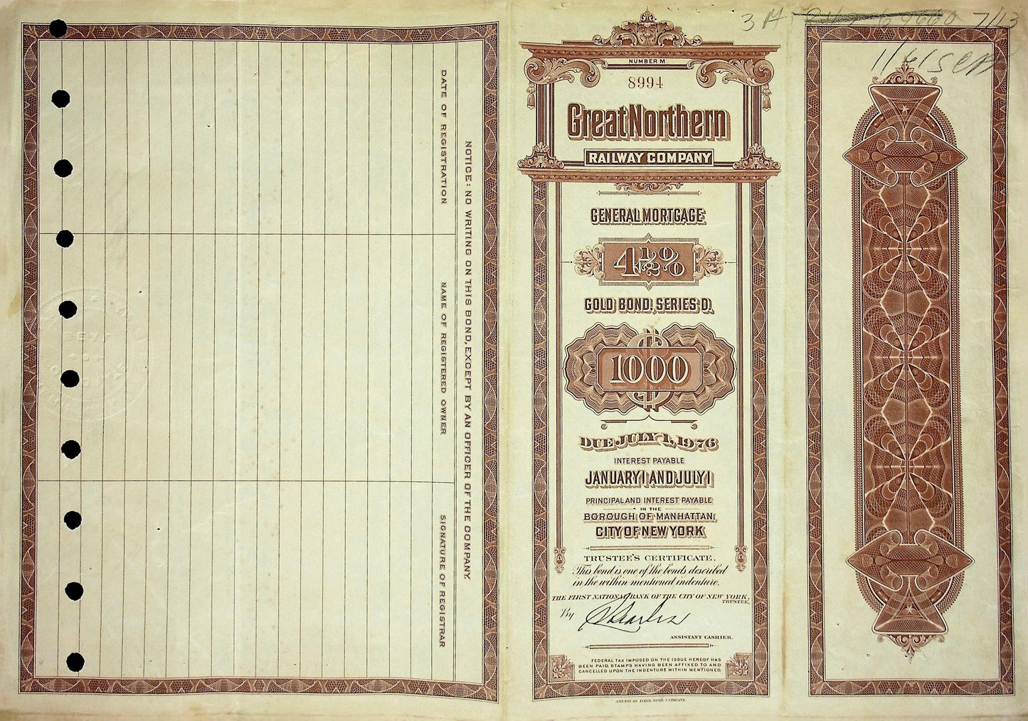 The Great Northern Railway Company Bond Certificate from 1946 (Saint Paul to Seattle)