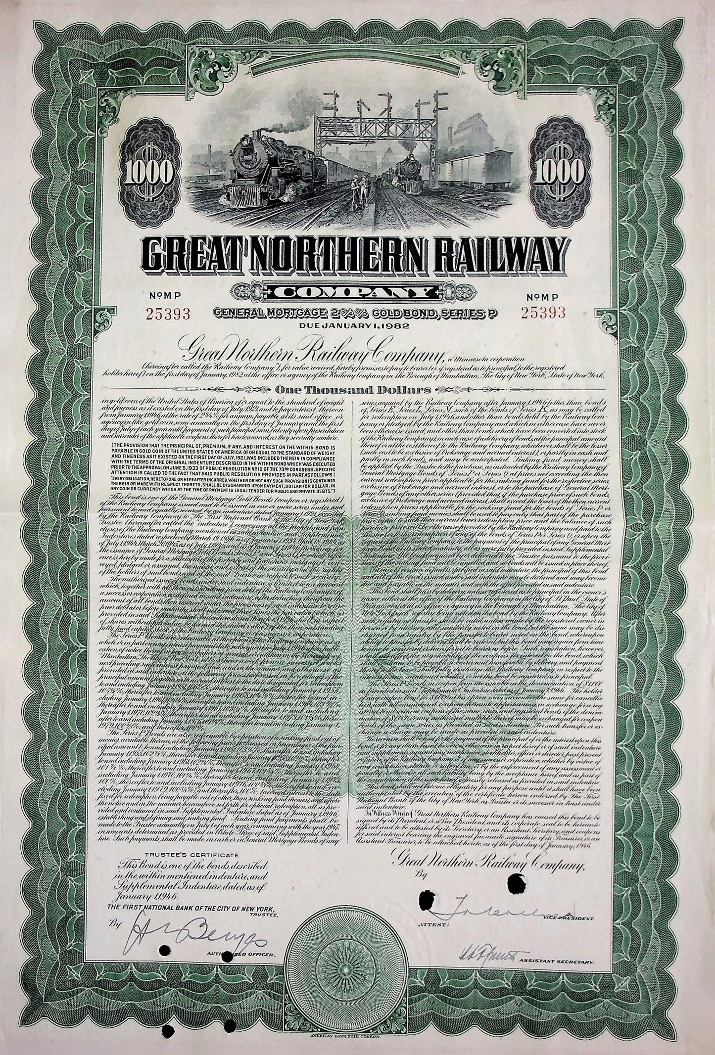 The Great Northern Railway Company Bond Certificate from 1946 (Saint Paul to Seattle)