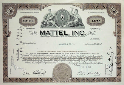 Mattel Inc Stock Certificate (Toy Company) $MAT