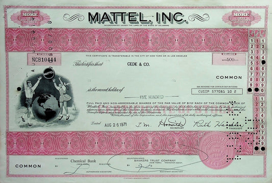 Mattel Inc Stock Certificate (Toy Company) $MAT