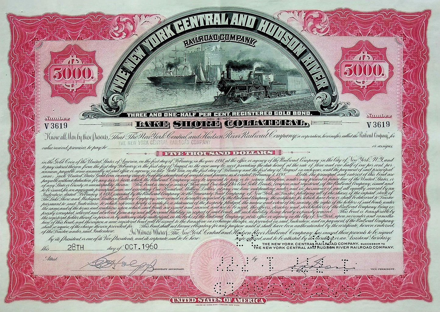 Iconic New York Central and Hudson River Railroad Company Bonds (six color options)