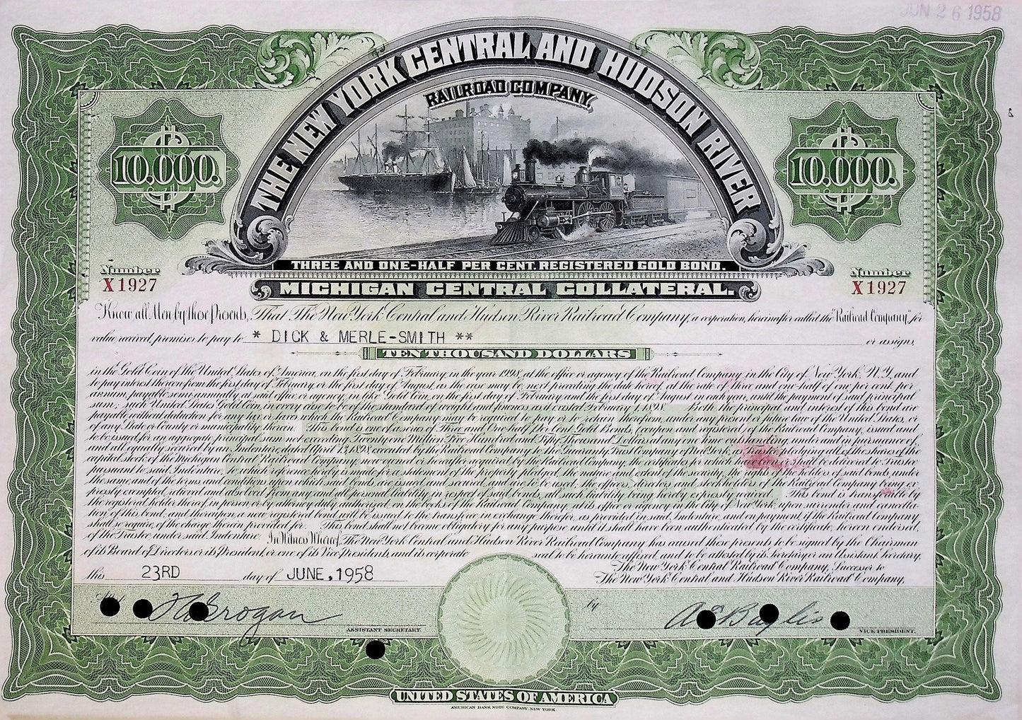 Iconic New York Central and Hudson River Railroad Company Bonds (six color options)