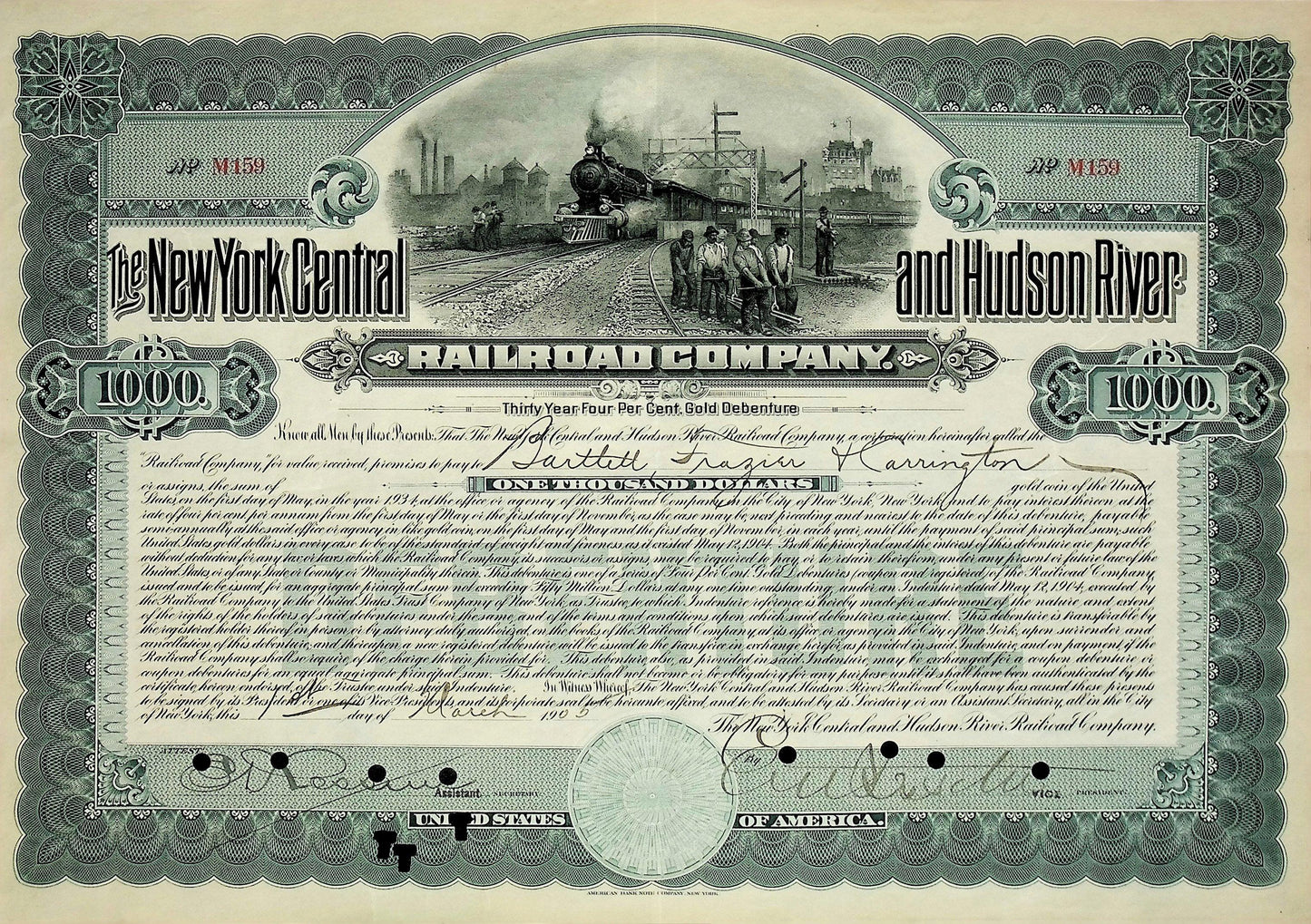 Iconic New York Central and Hudson River Railroad Company Bonds (six color options)