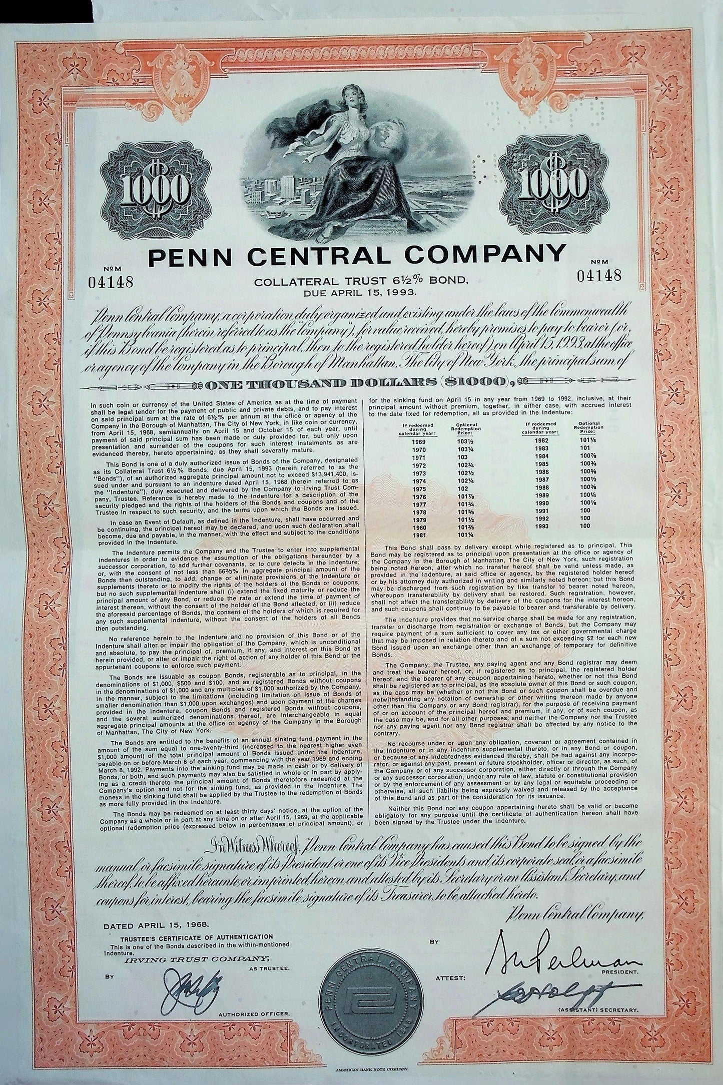 Penn Central Company Bond Certificate 1968 (with sheet of coupons)