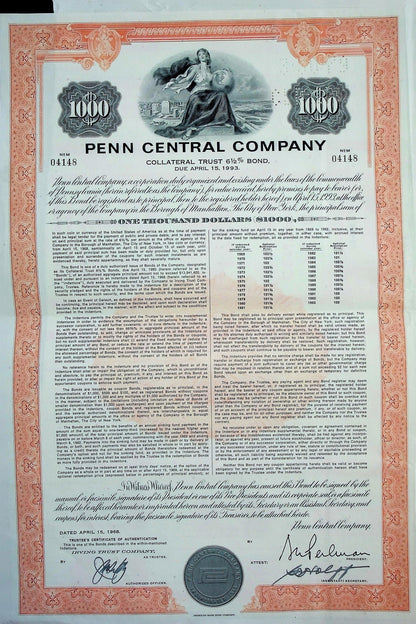 Penn Central Company Bond Certificate 1968 (with sheet of coupons)