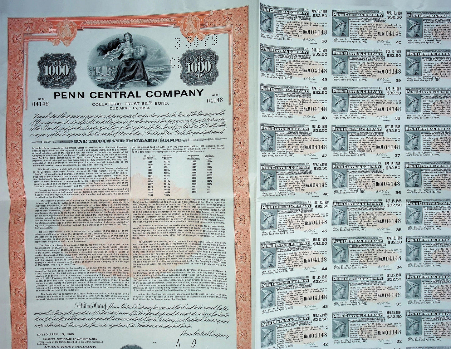 Penn Central Company Bond Certificate 1968 (with sheet of coupons)