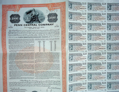 Penn Central Company Bond Certificate 1968 (with sheet of coupons)