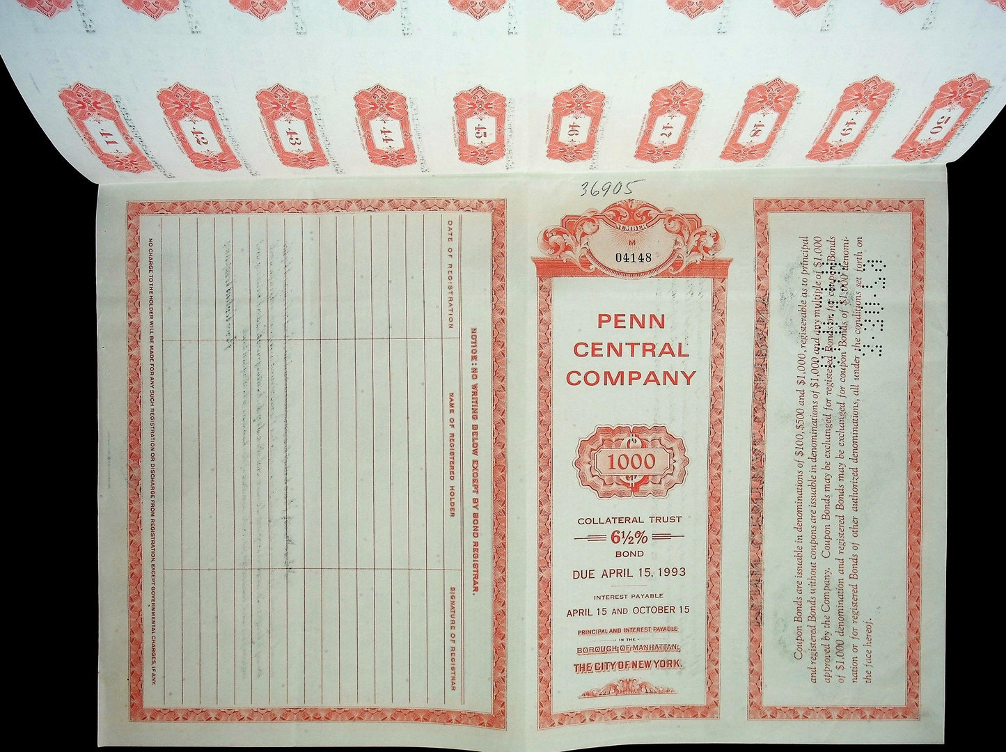 Penn Central Company Bond Certificate 1968 (with sheet of coupons)