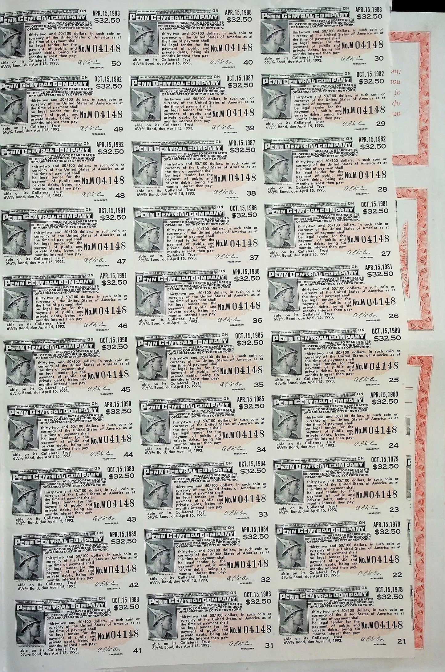 Penn Central Company Bond Certificate 1968 (with sheet of coupons)