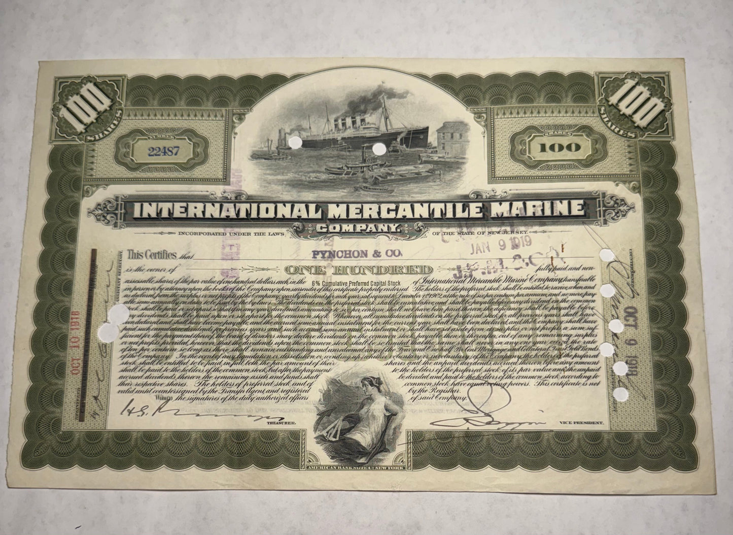 International Mercantile Marine (Titanic) Company Stock Certificate