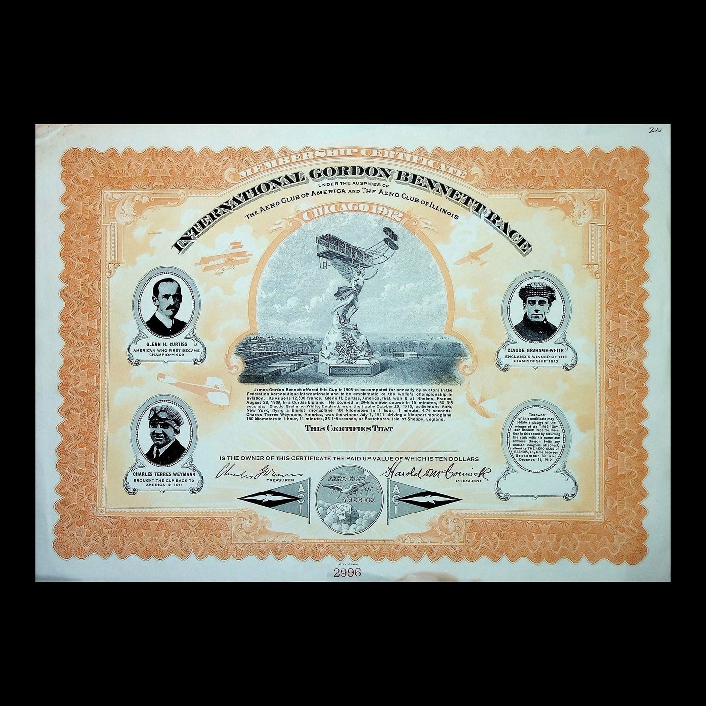 International Gordon Bennett Race Certificate from Early 1900s