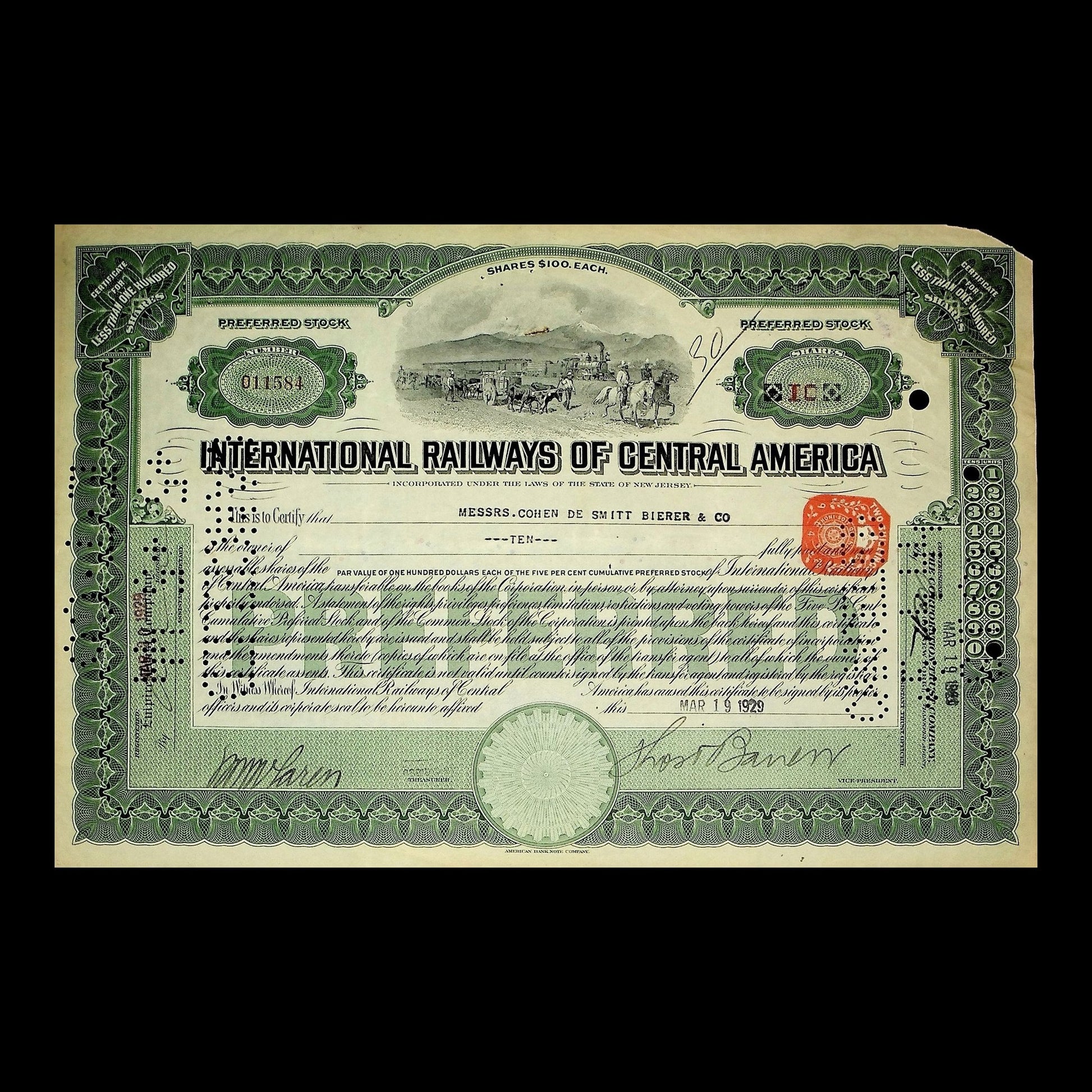 International Railways of Central America Stock Certificate from 1929