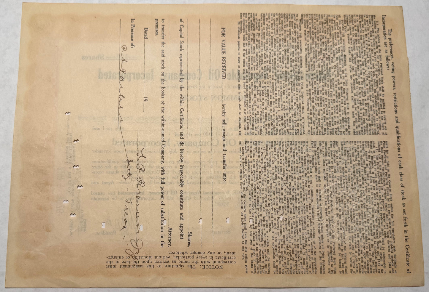 International Vegetable Oil Company Stock Certificate