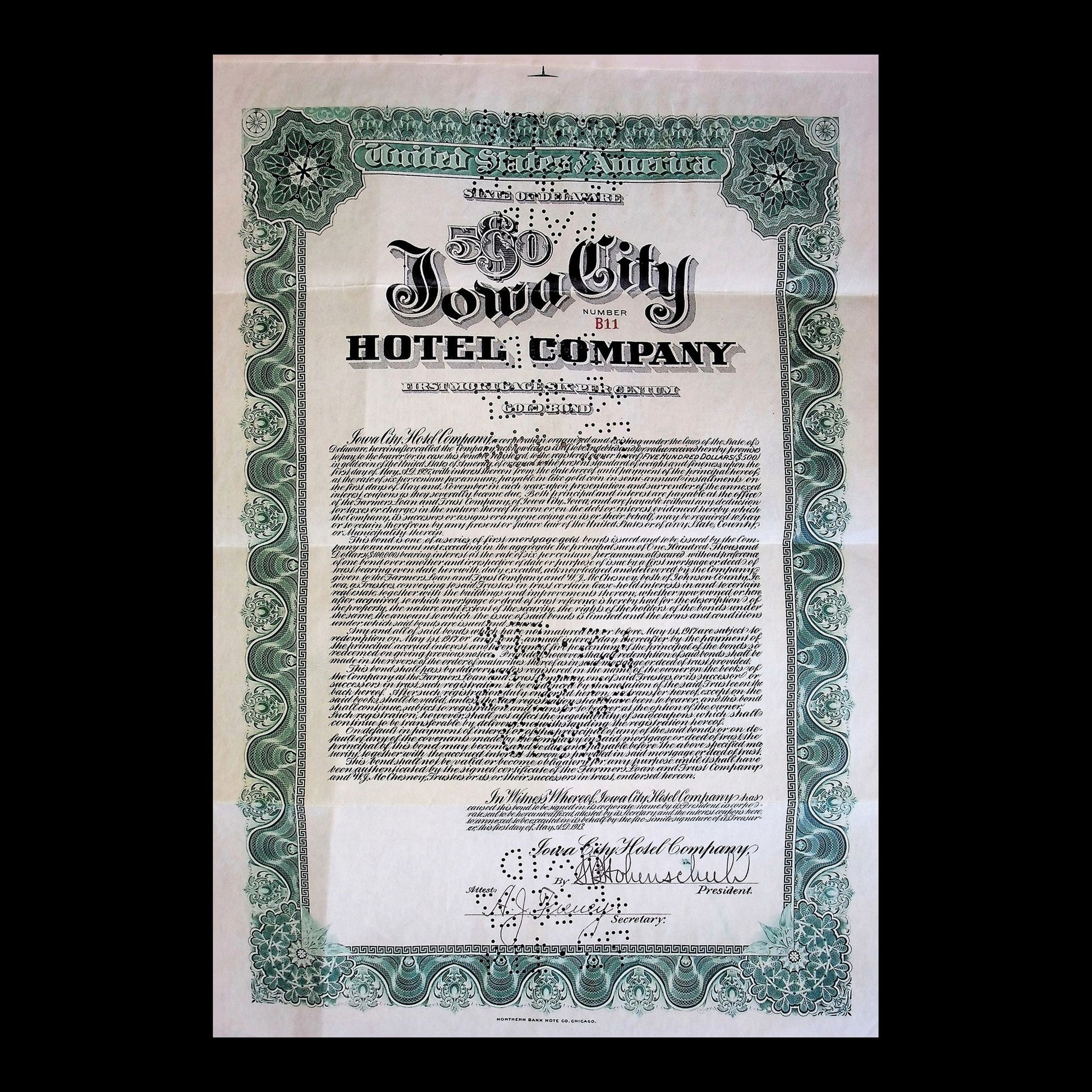 Iowa City Hotel Company Stock Certificate