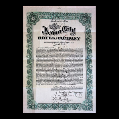 Iowa City Hotel Company Stock Certificate