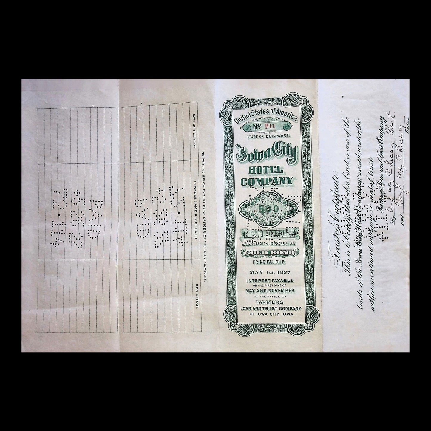 Iowa City Hotel Company Stock Certificate