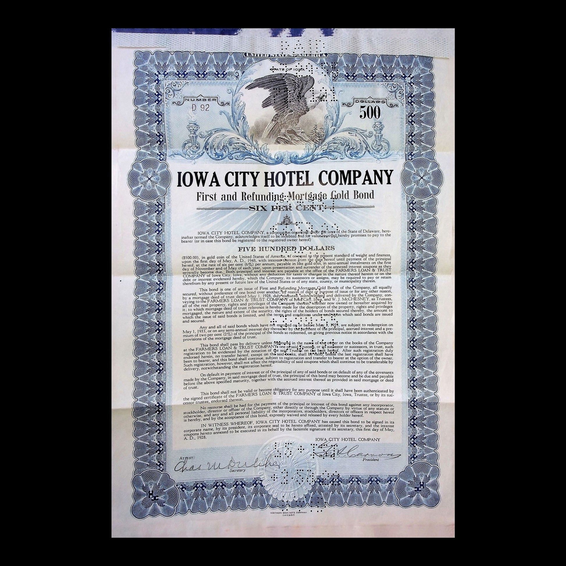 Iowa City Hotel Company Stock Certificate