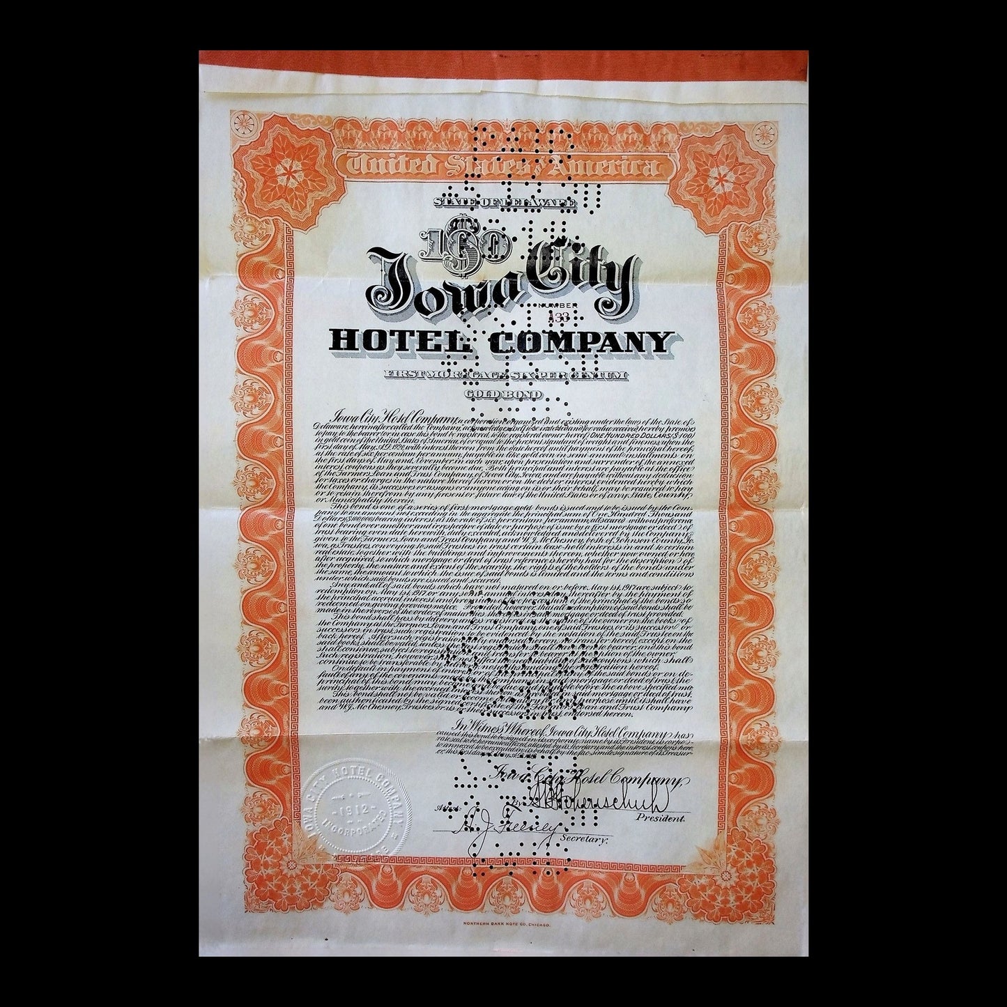 Iowa City Hotel Company Stock Certificate