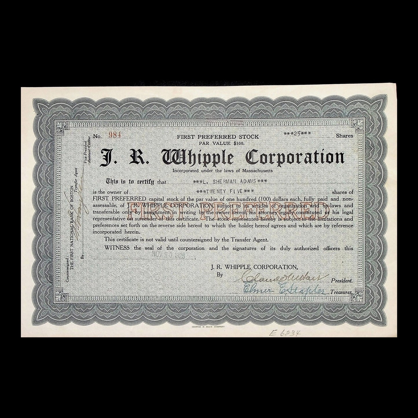 J. R. Whipple Corporation Stock Certificate from 1930