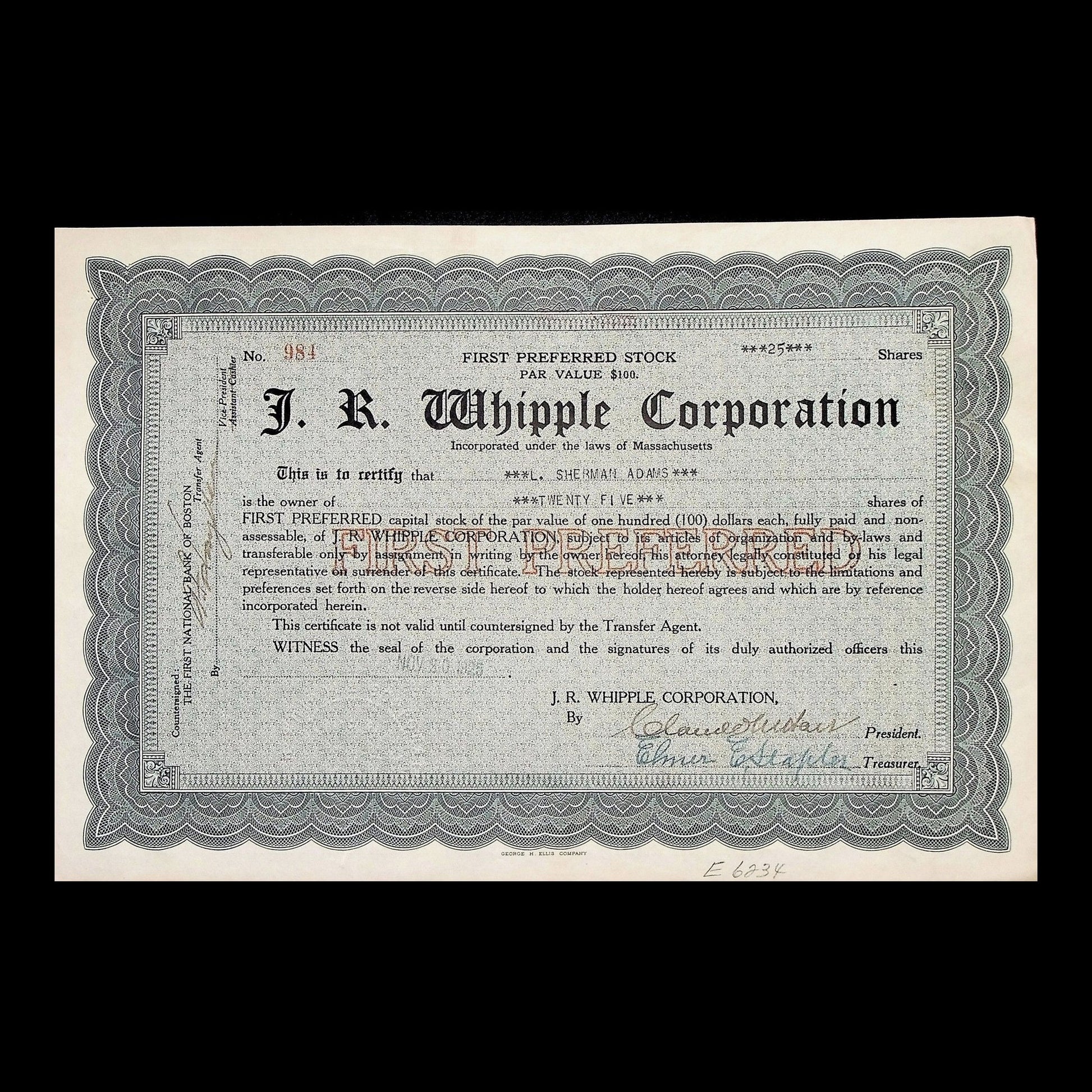 J. R. Whipple Corporation Stock Certificate from 1930
