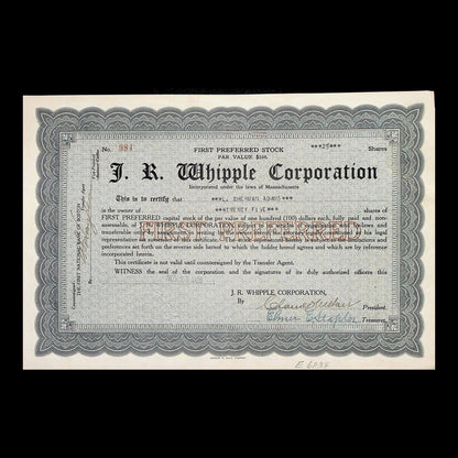 J. R. Whipple Corporation Stock Certificate from 1930