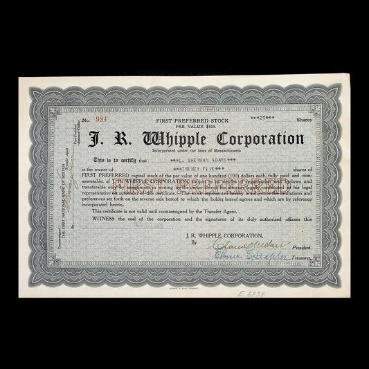 J. R. Whipple Corporation Stock Certificate from 1930