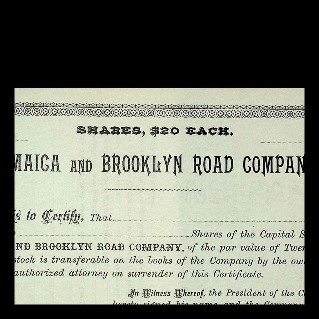 Jamaica and Brooklyn Road Company Stock Certificate (1870s-1880s)