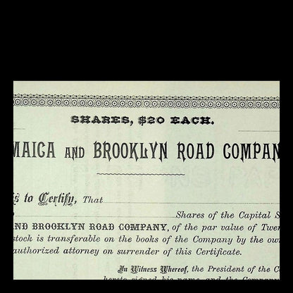 Jamaica and Brooklyn Road Company Stock Certificate (1870s-1880s)