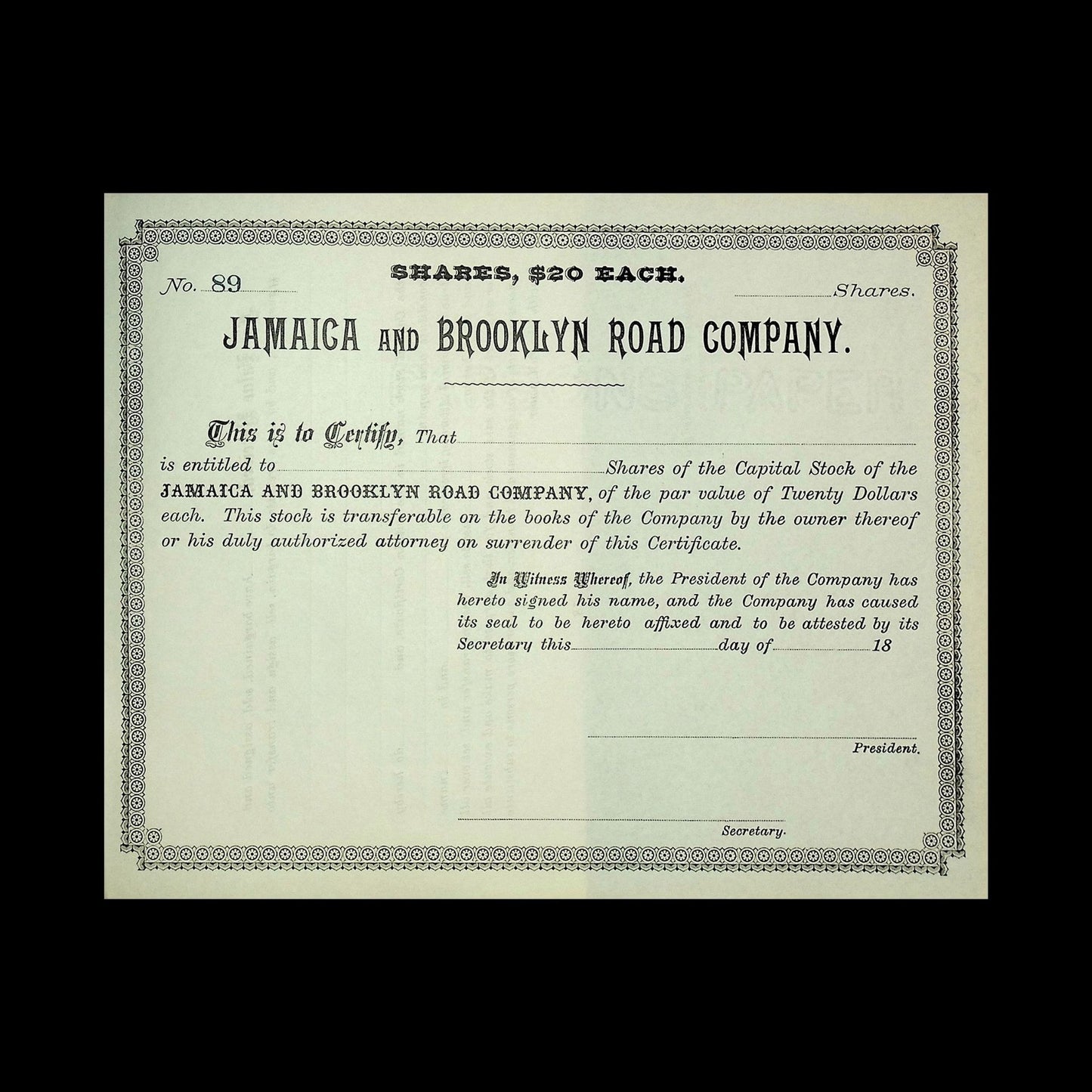 Jamaica and Brooklyn Road Company Stock Certificate (1870s-1880s)