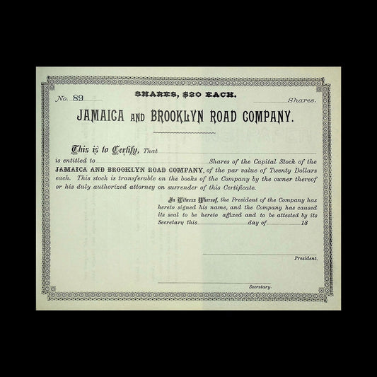 Jamaica and Brooklyn Road Company Stock Certificate (1870s-1880s)