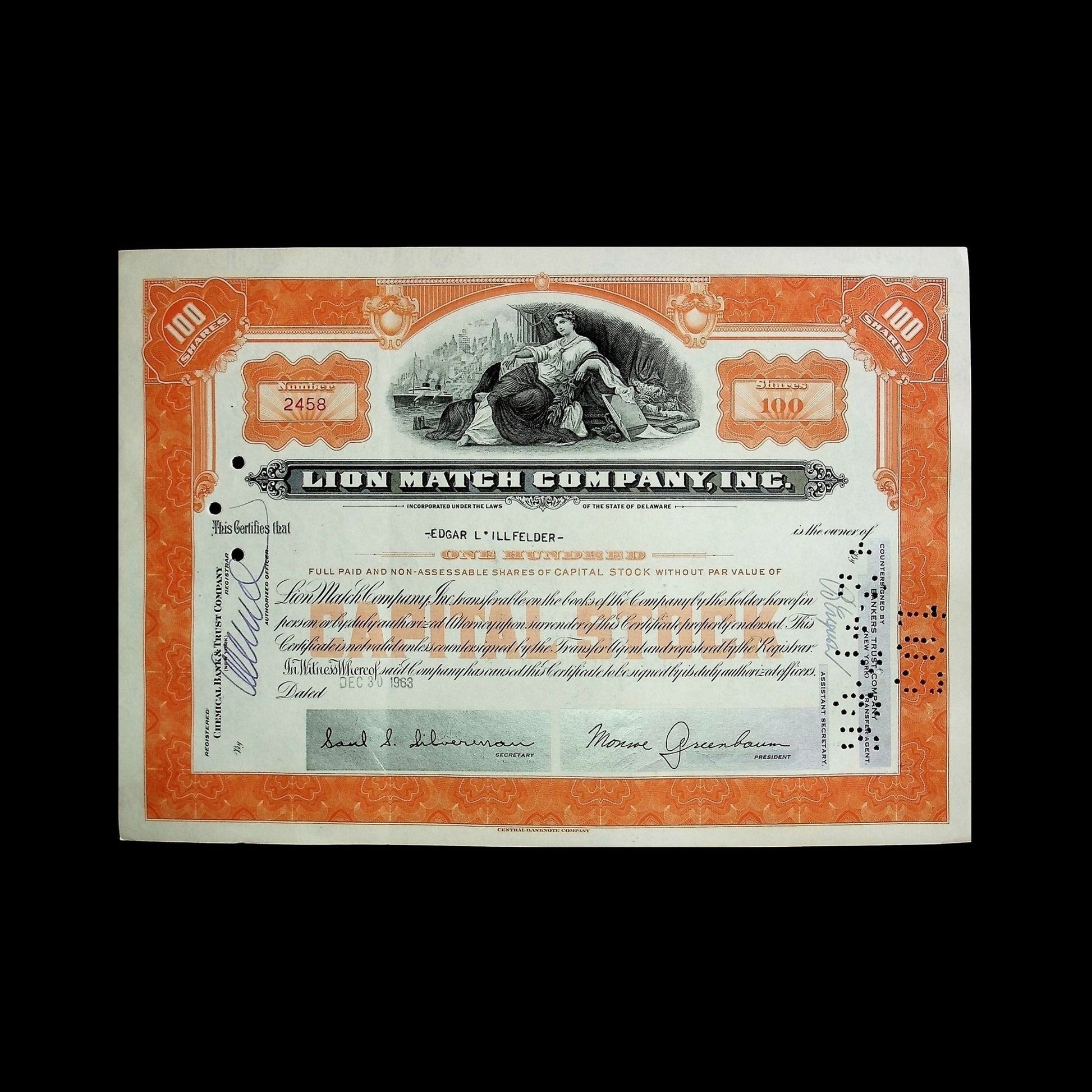 Lion Match Company Stock Certificate from 1953