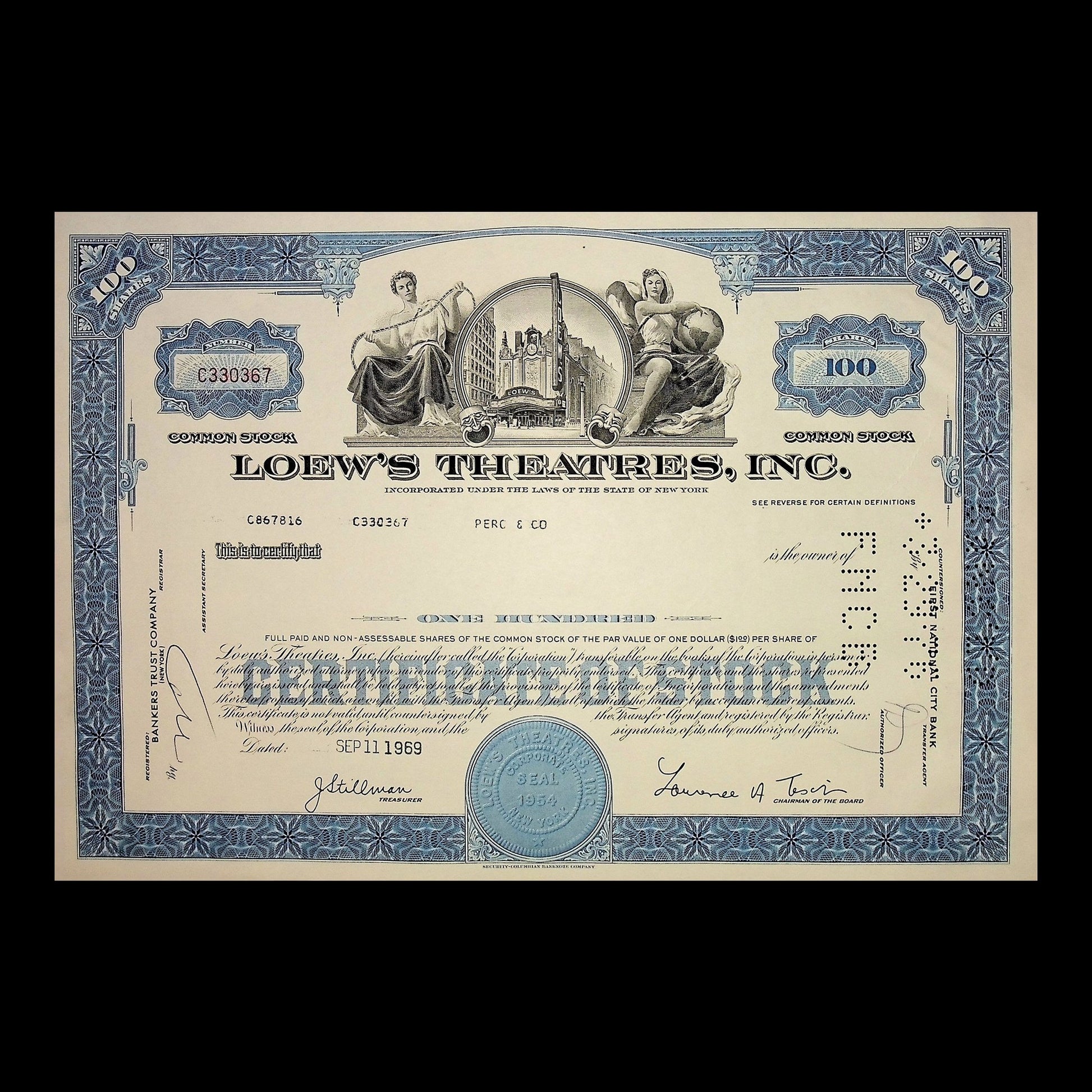 Loew's Theatres, Inc. Stock Certificate from 1969