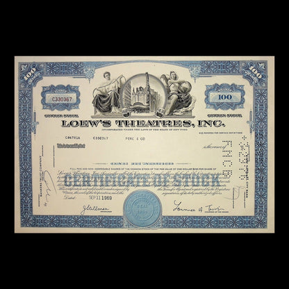 Loew's Theatres, Inc. Stock Certificate from 1969