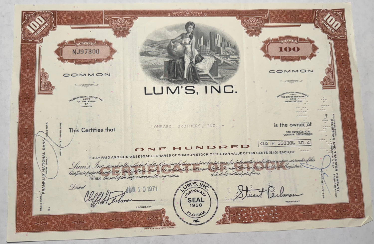 brown stock certificate from Lum's Inc., issued in 1971, features cancellation holes