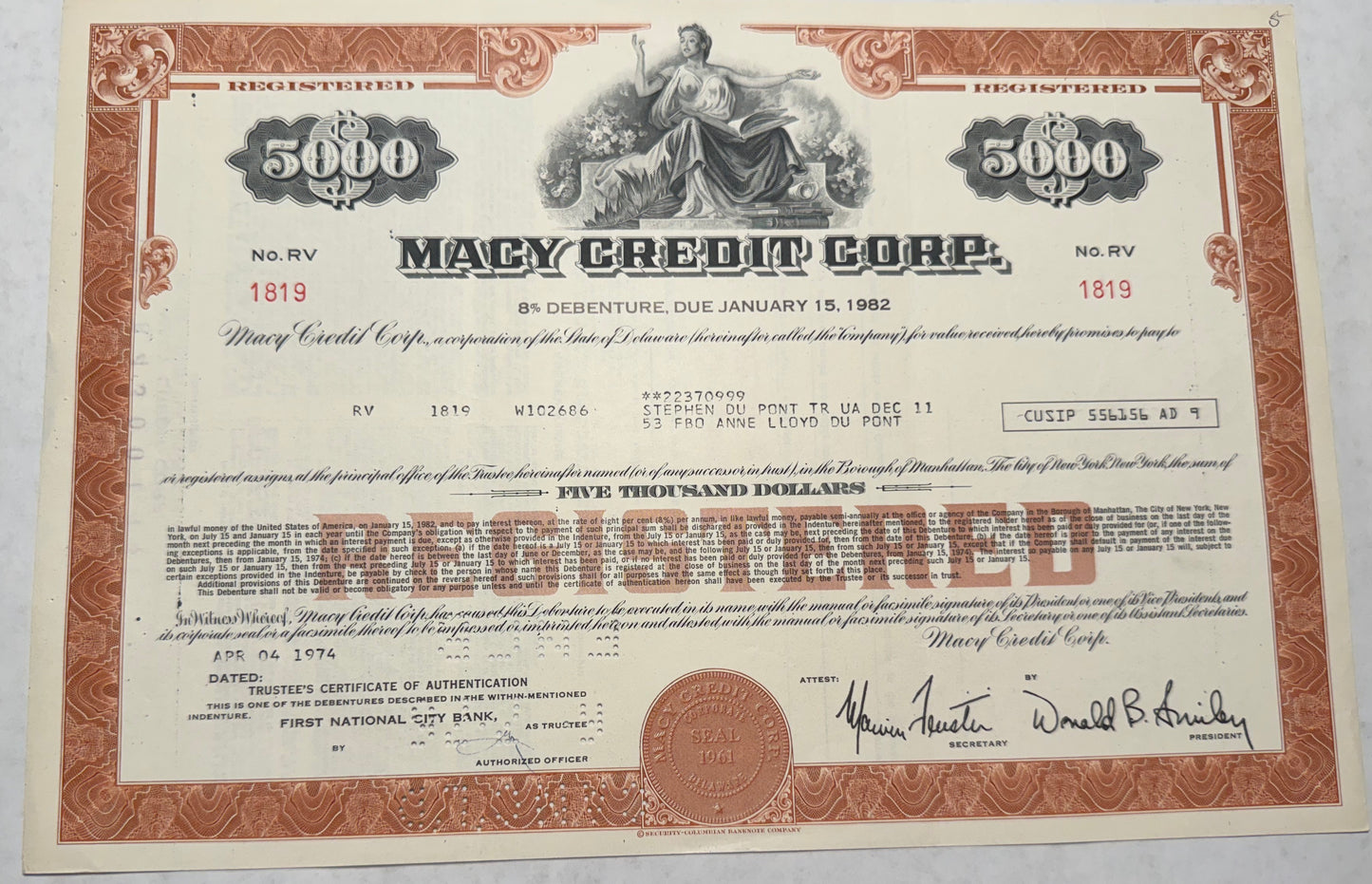 Macy Credit Corporation Bond Certificate ($5,000)