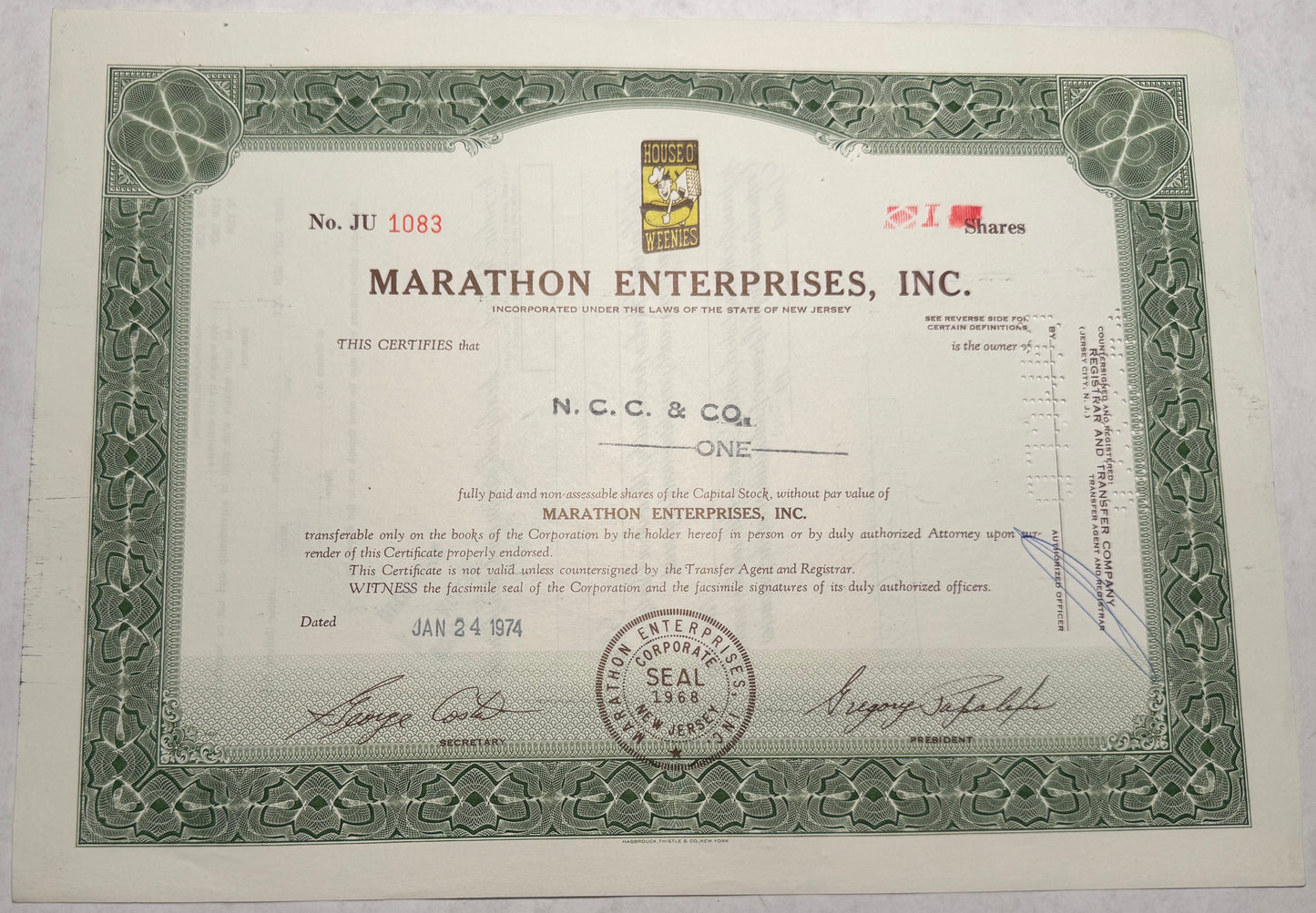 stock certificate from Marathon Enterprises, Inc., issued in 1974